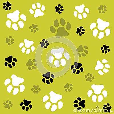 Dog paw. Light green background and dog tracks. Pattern with traces. Vector Illustration