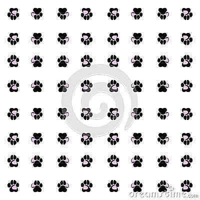 dog paw prints, black dog paws with pink spots white background, black cat paws with spots, dog footprints pattern. Stock Photo