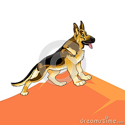 Dog pedigree german shepherd on a hill, cartoon on a white Vector Illustration