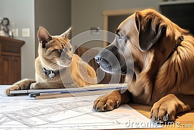 dog, with pencil in its mouth, and cat, gazing at blueprint drawings Stock Photo