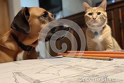 dog, with pencil in its mouth, and cat, gazing at blueprint drawings Stock Photo