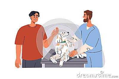 Dog and pet owner at veterinarian doctor office. Canine animal, doggy in veterinary clinic. Medical appointment, health Cartoon Illustration