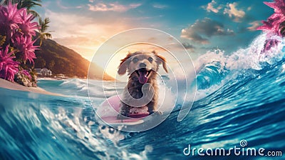 dog ocean animal wave summer vacation surfer puppy beach funny. Generative AI. Stock Photo