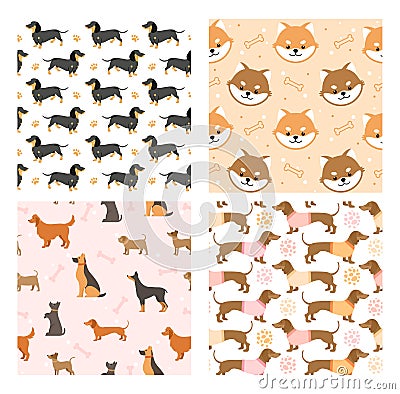 Dog pets seamless pattern vector illustrations, cartoon cute flat animal background set with black brown doggy or funny Vector Illustration