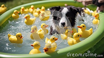 dog playing with bubbles A humorous scene of a Border Collie puppy attempting to herd a group of rubber ducks in a kiddie pool Stock Photo