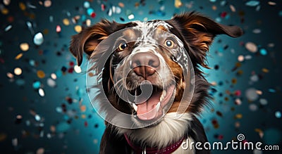 a dog is playing with confetti Stock Photo