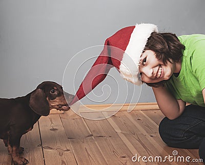 Dog playing pulls boy christmas hat. Celebrating with their pet at home. Home stylish Stock Photo