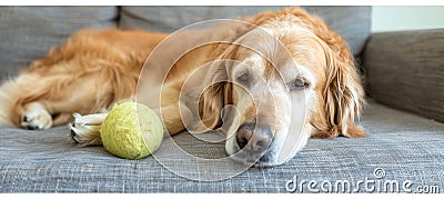 Dog playing with toys in living room, providing ample space for accommodating text Stock Photo