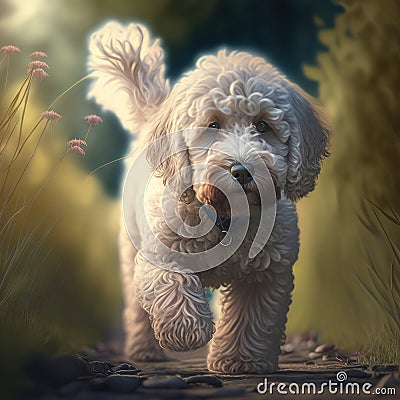 Dog poodle walk activity. Dog poodle cute breed walking outdoor activity Stock Photo