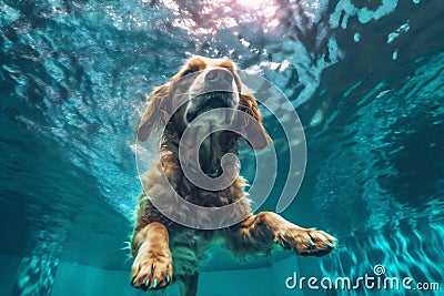 dog pool puppy fun underwater swimming funny snorkeling vacation water. Generative AI. Stock Photo