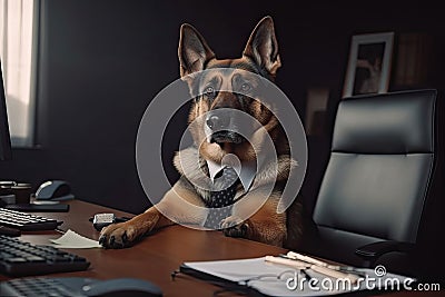 Dog Programmer In A Business Suit Sits At His Computer And Programs. Generative AI Stock Photo