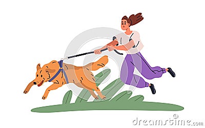Dog pulling leash. Naughty stubborn doggy running. Disobedient mischievous active puppy. Bad canine animal behavior Vector Illustration