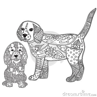 Dog and puppy adult antistress or children coloring page. Vector Illustration