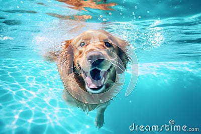 fun dog swimming funny pool puppy vacation snorkeling water underwater. Generative AI. Stock Photo