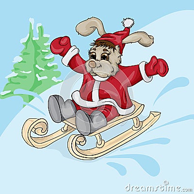 Dog puppy riding in sledges in winter Vector Illustration