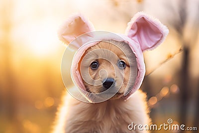 Dog puppy wearing funny large Easter bunny ears hat Stock Photo