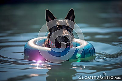 Dog in rubber ring swimming in ocean. Generative AI Cartoon Illustration