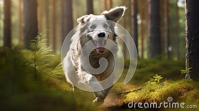The dog is running in the forest There is beautiful light coming between several large pine trees Stock Photo