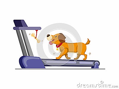 Dog running in treadmill to get bone. training dog to run or walk in home. cartoon flat illustration vector isolated in white back Vector Illustration