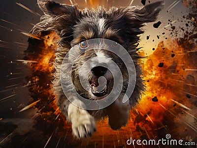 A dog runs away from exploding Christmas firecrackers with fear in his eyes Stock Photo