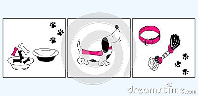 Dog`s daily life and happiness.Set of three doodle illustrations. Vector Illustration