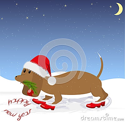 Dog Santa Claus carries Christmas tree branch Vector Illustration