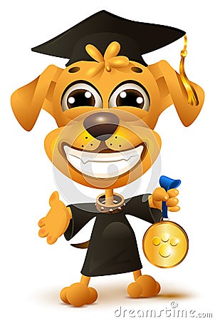 Dog school graduation. Yellow puppy in black robe holds reward Vector Illustration