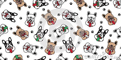 Dog seamless pattern Christmas vector french bulldog Santa Claus paw footprint gift box scarf isolated cartoon repeat background t Vector Illustration