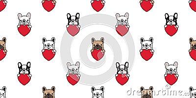 Dog seamless pattern vector heart valentine french bulldog hug cartoon scarf isolated tile background repeat wallpaper illustratio Vector Illustration