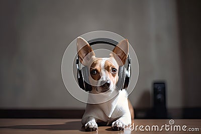 dog seated with its head tilted and ears perked, listening to music Stock Photo