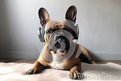 dog seated with its head tilted and ears perked, listening to music Stock Photo