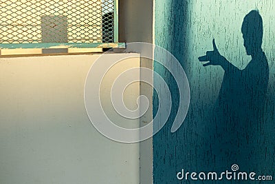 Dog shadow on the sun light on blue wall,child play concept. free space for text Stock Photo