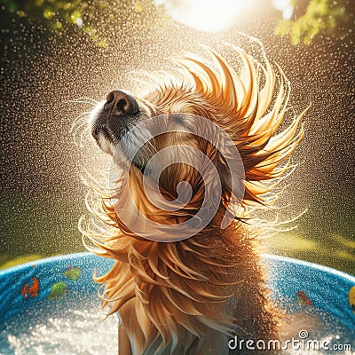 Dog shakes off the water after a play in the water Stock Photo