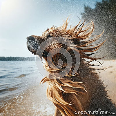 Dog shakes off the water after a play in the water Stock Photo