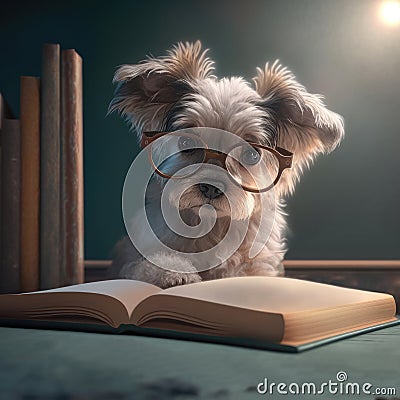 Dog shihtzu read book activity. Cute shihtzu wearing eyeglasses reading school book Stock Photo