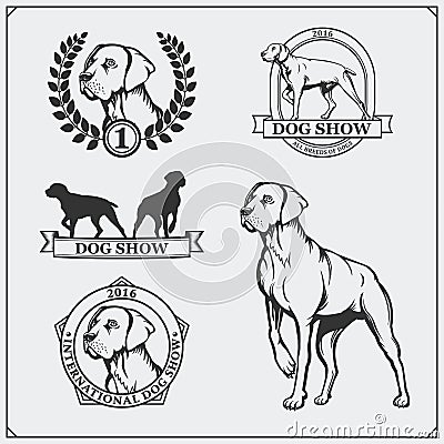 Dog Show labels, emblems, awards, illustrations and silhouettes of dogs. Vector Illustration