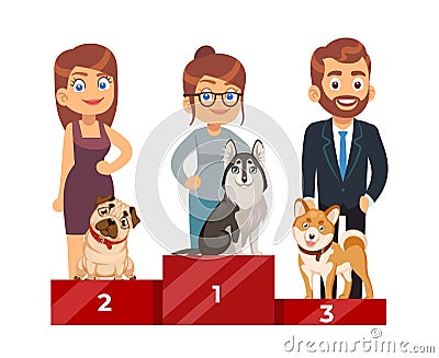 Dog Show. People with purebred pets, cute domestic puppy on pedestal standing, award ceremony, first second and third Vector Illustration