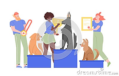 Dog show. Pets are on a pedestal, their owners stand next to the awards with a gold cup for first place Vector Illustration