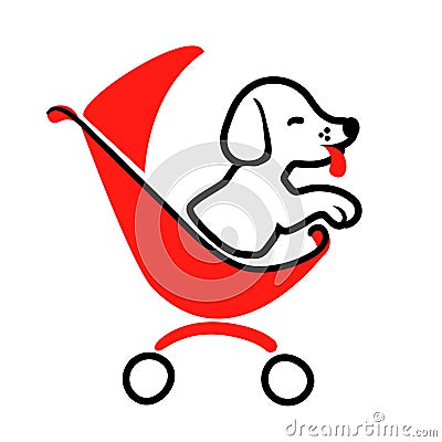 Dog sitter logo in drawing style on white background for highlight. Walking pet in carriage icon vector isolated element Vector Illustration