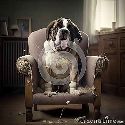 dog sitting in a destroyed ripped chair in a living room. pet and damaged furniture Stock Photo