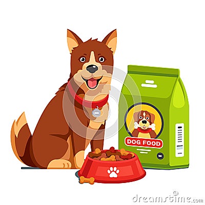 Dog sitting next to dry food bowl and bag package Vector Illustration