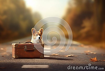 A dog sitting next to a suitcase on the road Stock Photo