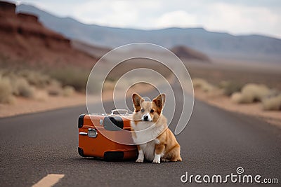 A dog sitting next to a suitcase on the road Stock Photo