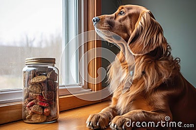 dog sitting obediently next to a treat jar Stock Photo