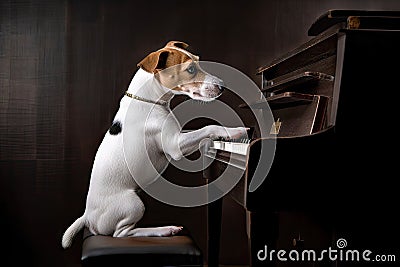 dog, sitting on top of grand piano, playing rock ballad with its paw Stock Photo