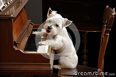dog, sitting on top of grand piano, playing rock ballad with its paw Stock Photo