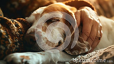 Dog sleeps peacefully while being cuddled by its owner Stock Photo