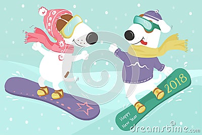 Dog snowboarding in the snow. Vector Illustration