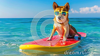 Cool Canine: Dog in Shades Riding Surfboard in Ocean Stock Photo