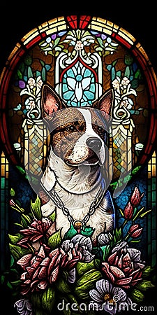 The dog on stained glass illustration showcases a loyal canine figure surrounded by vivid and ornate stained glass designs. The Cartoon Illustration